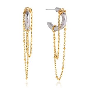 Two-Tone Silver and Gold Chain Drop Hoop Earrings - Women Jewelry